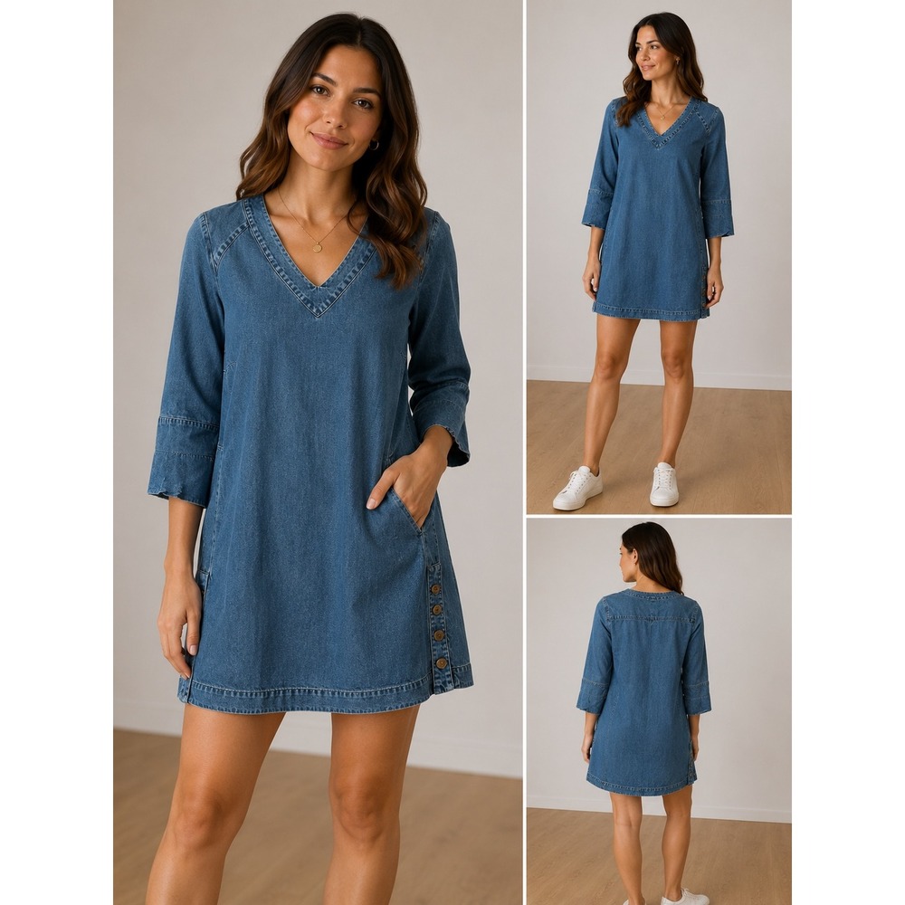 Soft Surrounds Blue Tencel Lyocell V-Neck Shift Dress Pockets Medium 2CY90